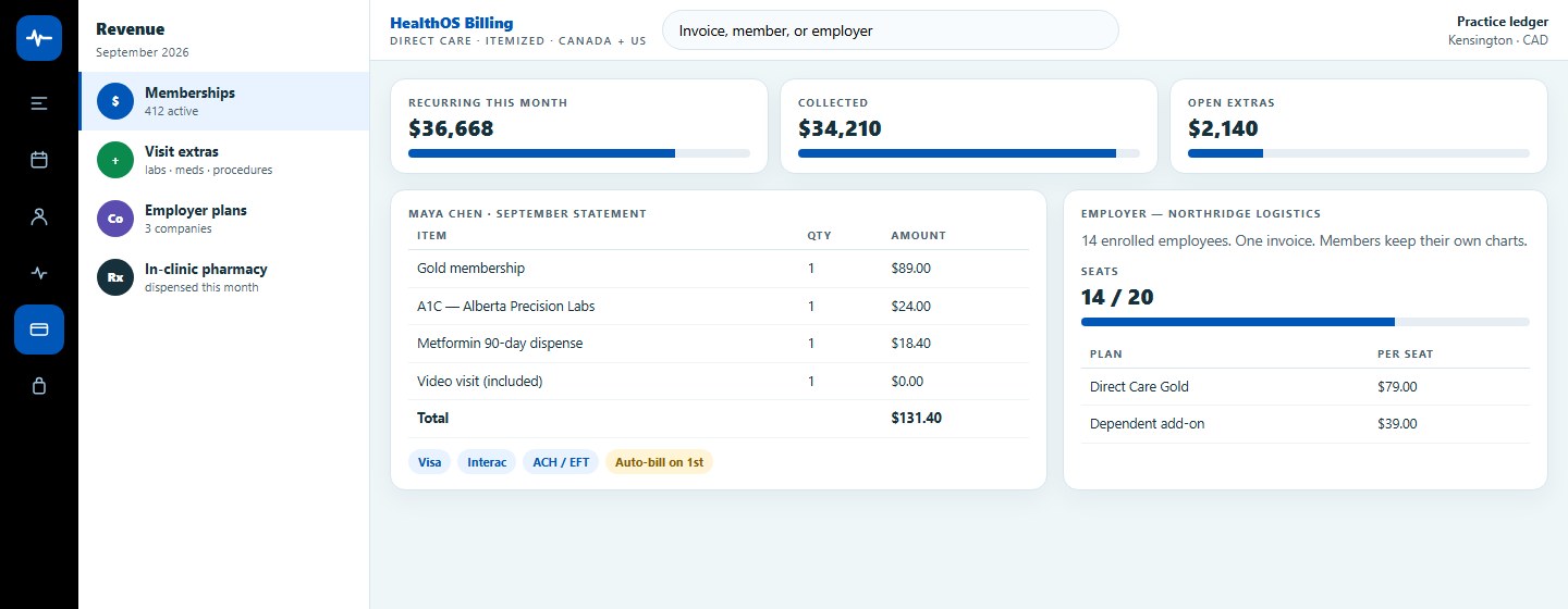 HealthOS membership billing with itemized extras and an employer plan