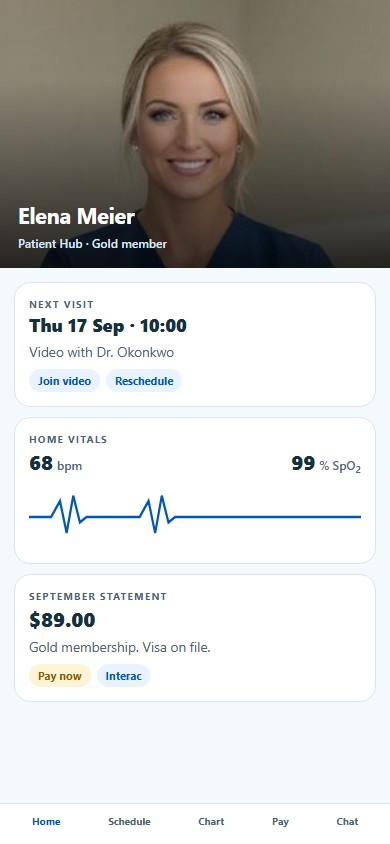 Elena Meier in the HealthOS Patient Hub on iPhone