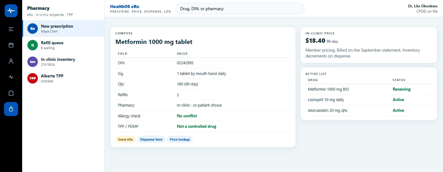 HealthOS eRx compose for metformin with allergy check and Alberta TPP