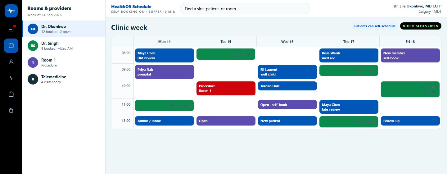 HealthOS clinic week calendar with self-booked slots and video visits