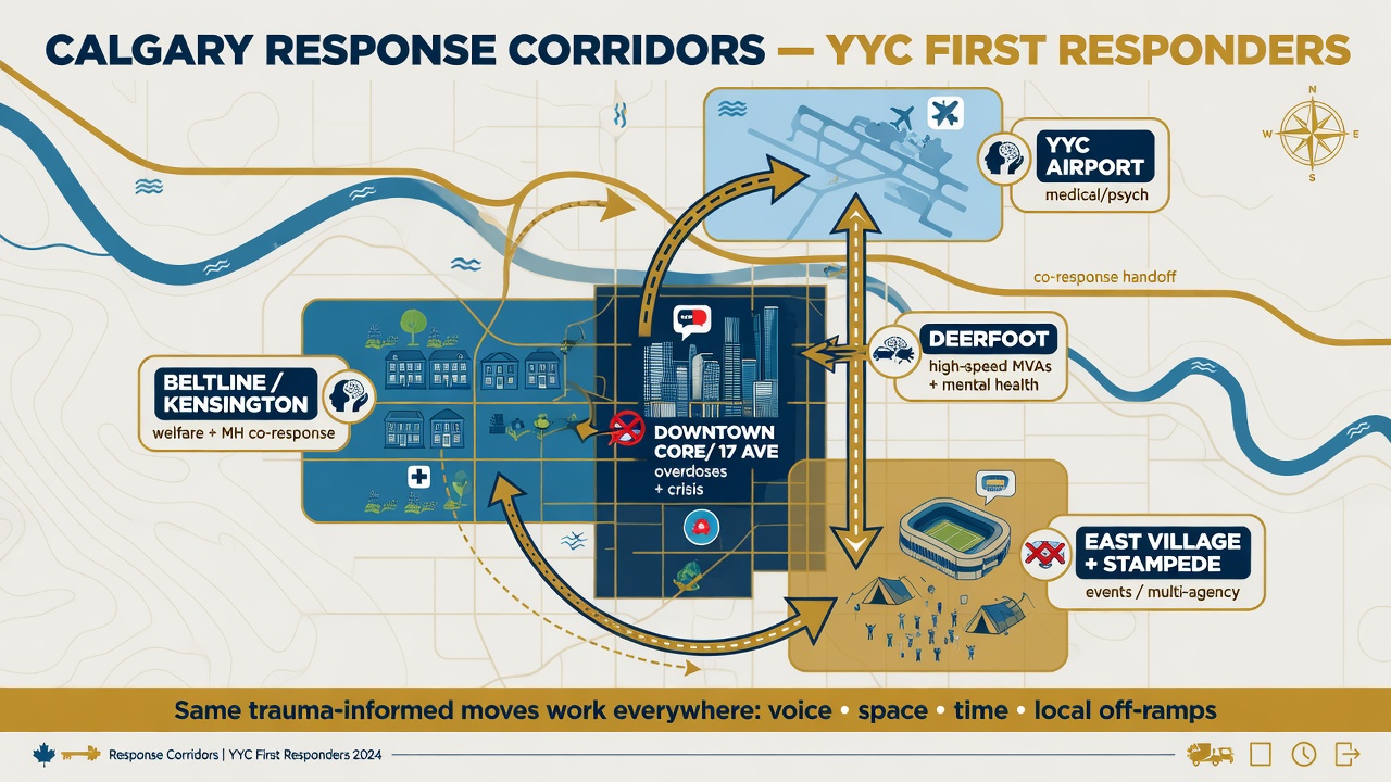 Illustrated map of Calgary response corridors: Beltline/Kensington, downtown core, Deerfoot, airport, East Village and Stampede.