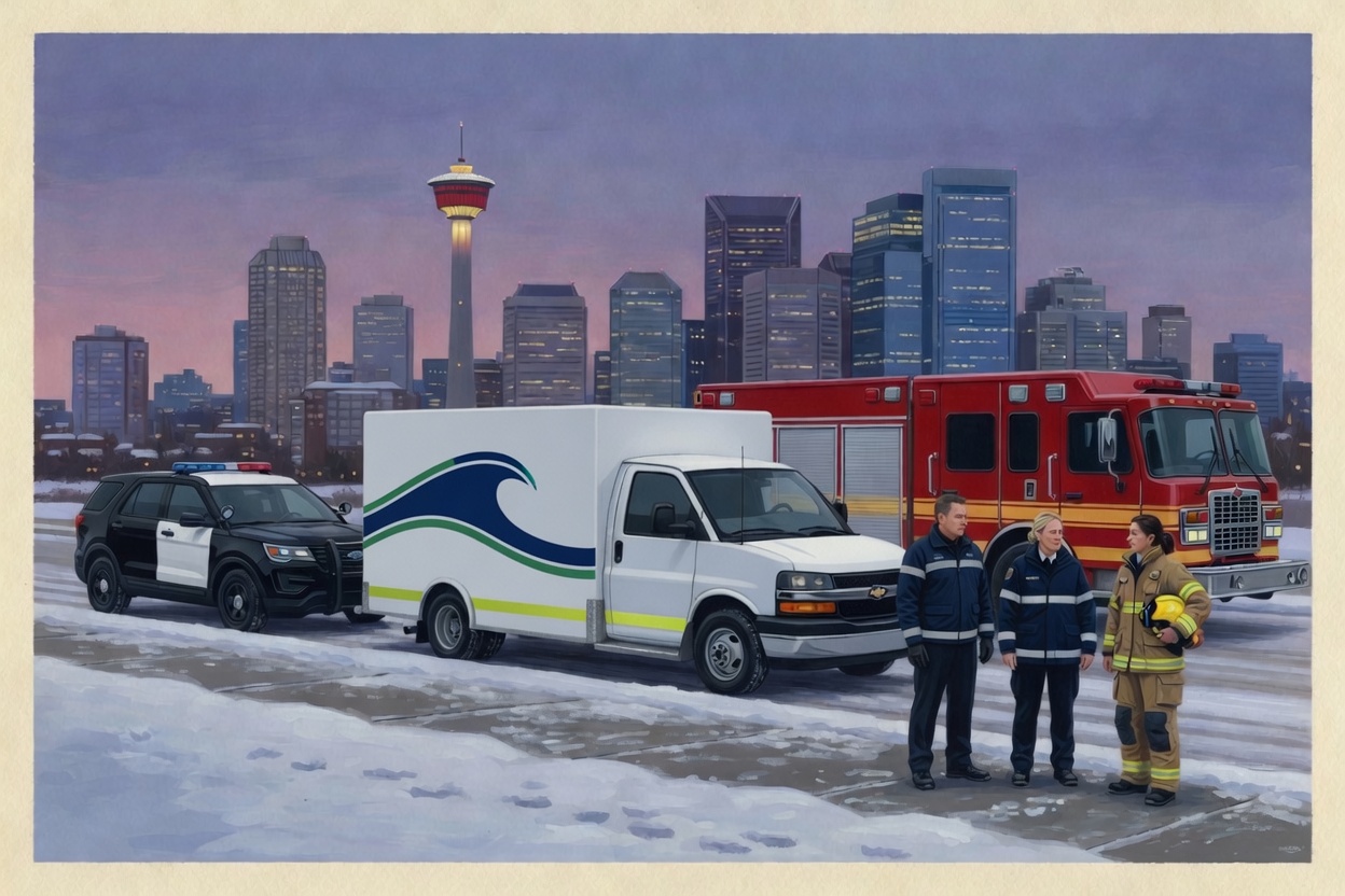 Police, EMS, and fire standing together on a Calgary street at dusk, painted as a training illustration.