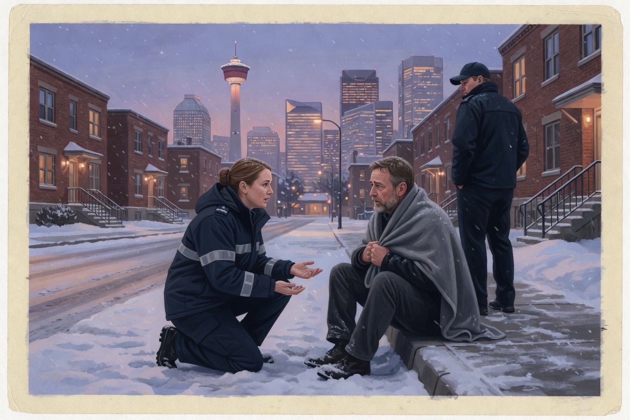 A paramedic kneels at eye level on a sidewalk, speaking with open hands to a man sitting on the curb. An officer stands well back, giving space.