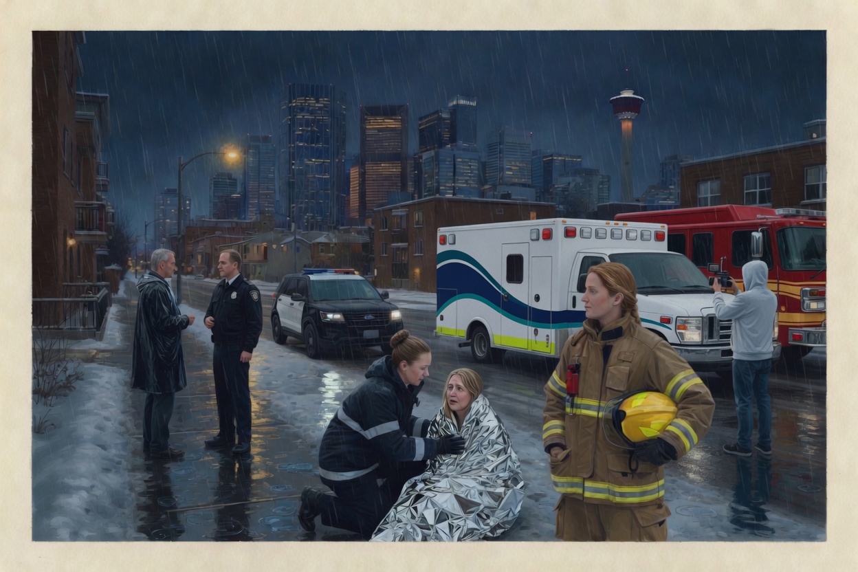 Night street call: a paramedic kneels with a patient in a foil blanket, an officer talks with a bystander, a firefighter stands ready, and a civilian films with a phone while emergency lights reflect on wet pavement.