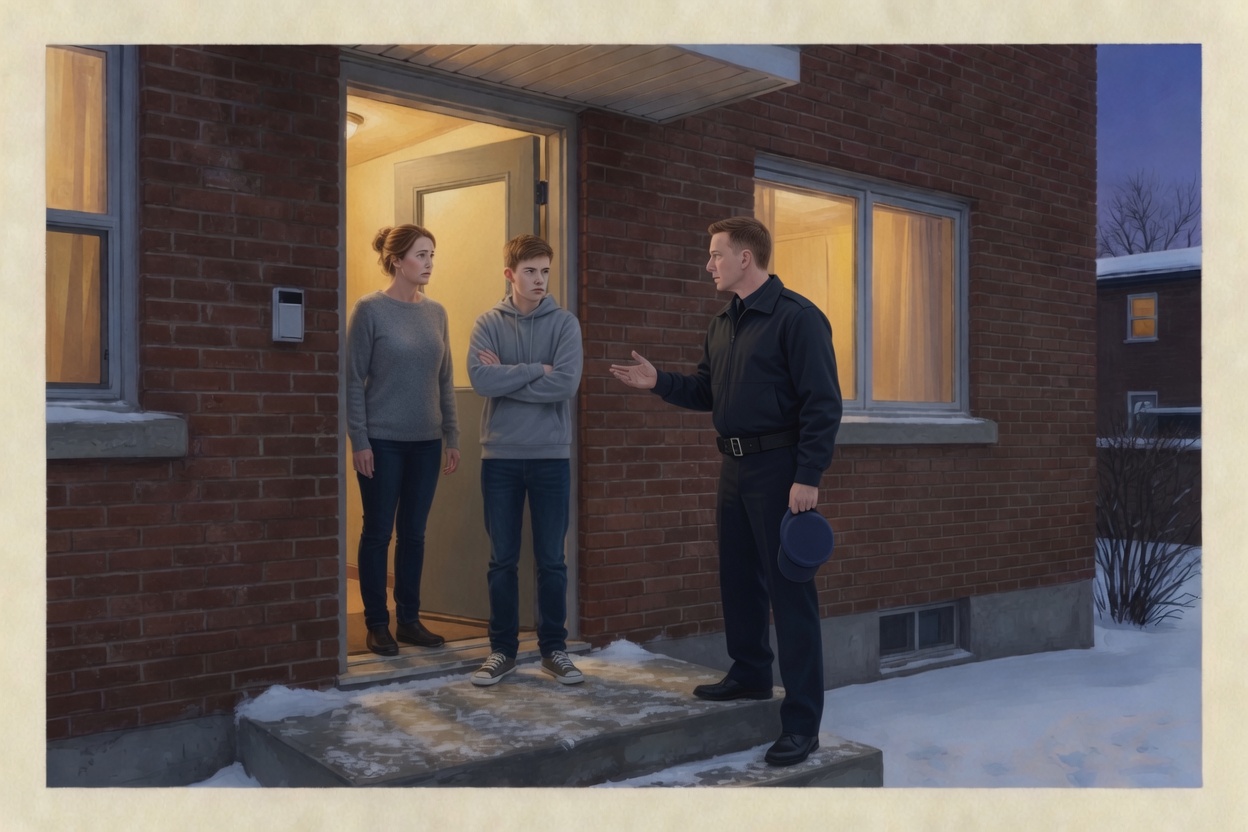 An officer at an apartment doorway, cap in one hand, the other open, introducing himself to a wary parent and teenager.