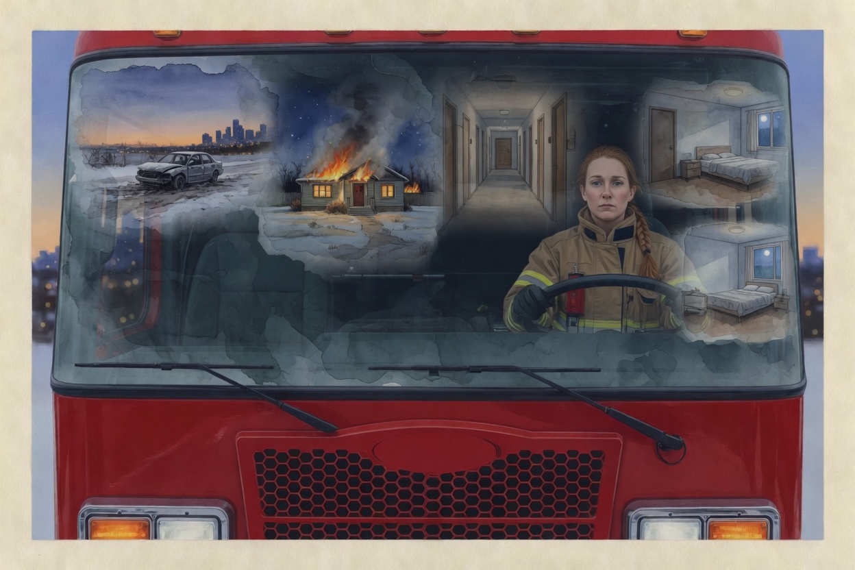 A firefighter in the cab after a night shift, with painted memory-echoes of a wreck, a house fire, a hallway, and a quiet bedroom layered in the windshield.