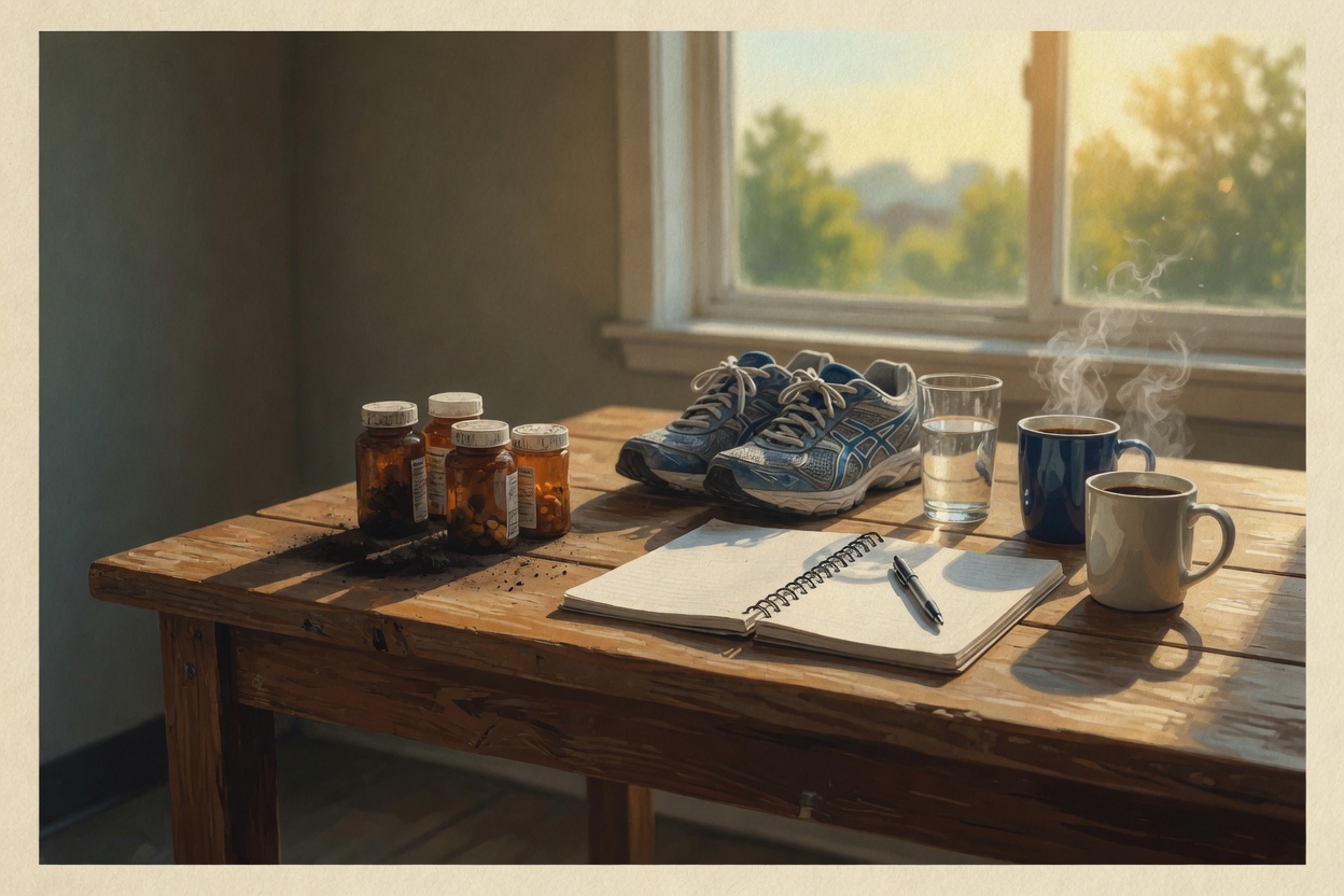A wooden table: amber pill bottles in shadow on the left; running shoes, water, an open notebook, and two coffee mugs in morning light on the right.