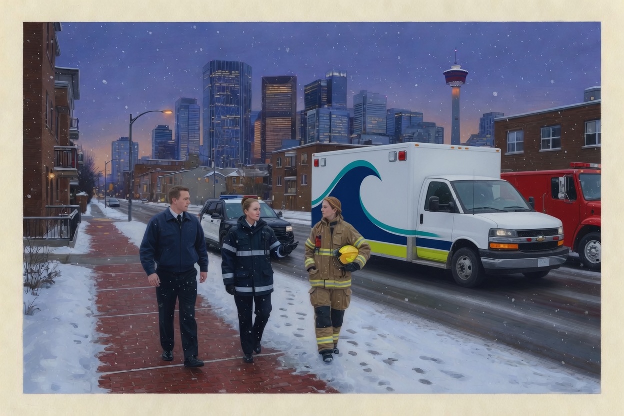 Police, EMS, and fire walking a snowy Calgary Beltline street at dusk, brick walk-ups and downtown towers behind a fire engine and ambulance.