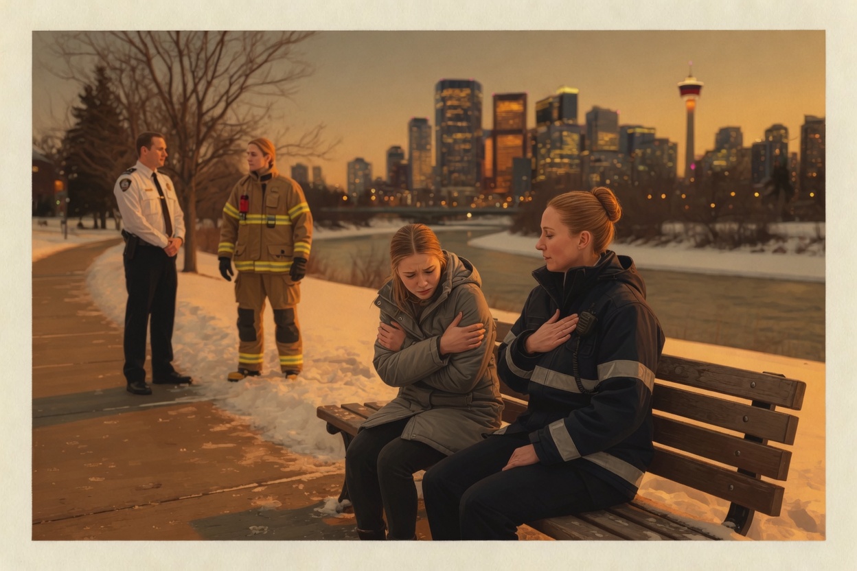 A paramedic sitting on a park bench beside a distressed young woman, hand on her own chest, matching a slow breath; other responders wait in the background.