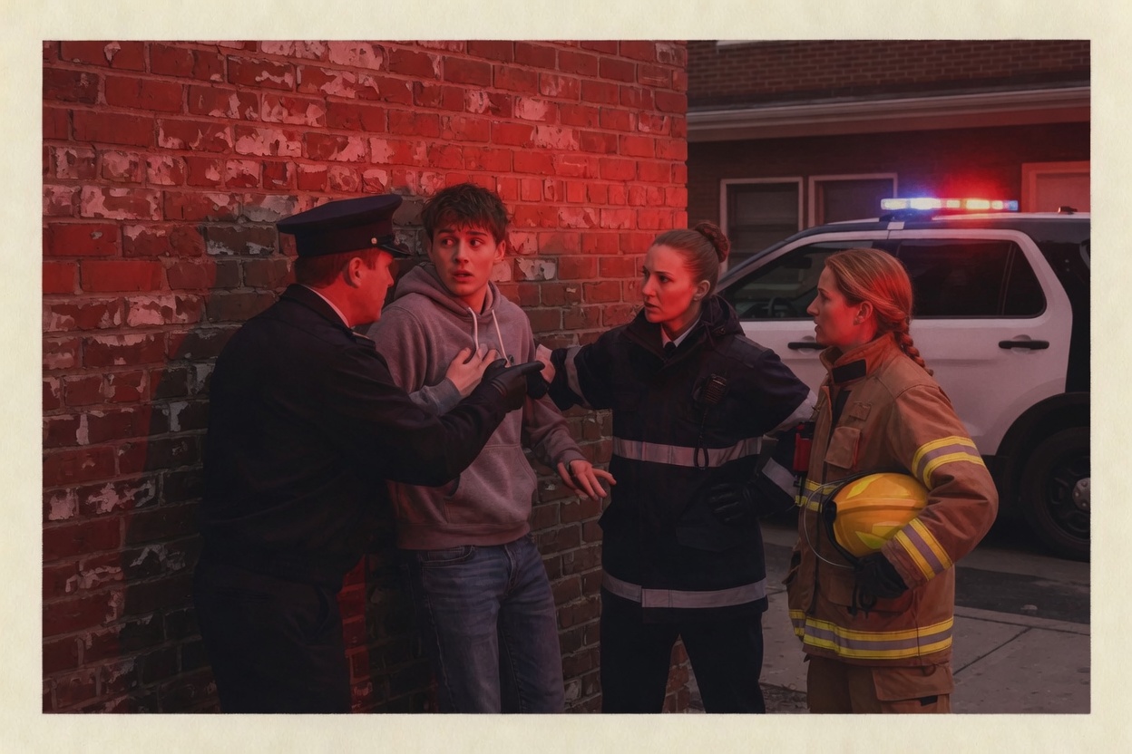 Three uniforms crowding a frightened civilian against a brick wall, one pointing, lights close, no exit path.