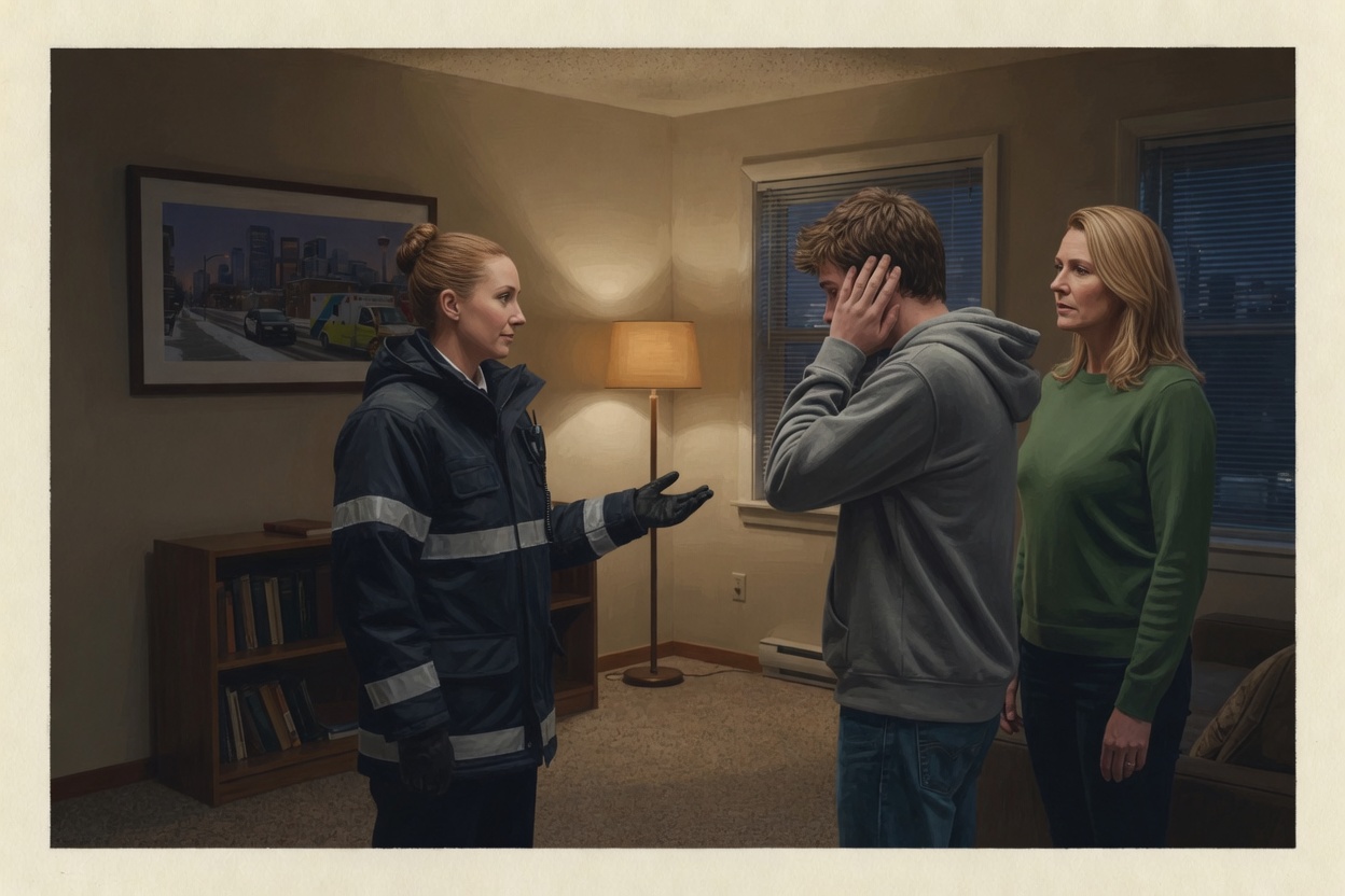 A paramedic stands at a side angle with one open palm, several feet from an older teenager covering his ears; a parent stands nearby in a dim room.