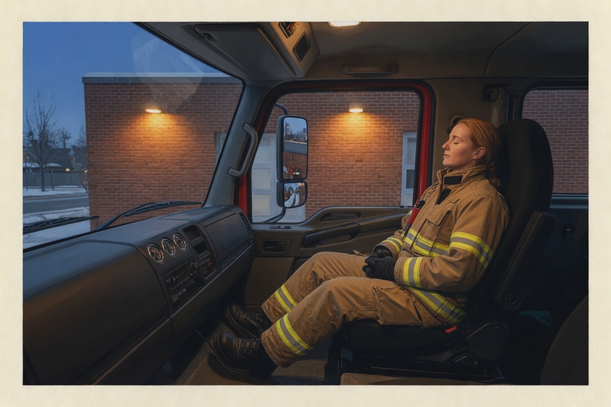 A firefighter sitting in the engine cab after shift, eyes closed, both feet on the floor, taking one slow breath before going home.
