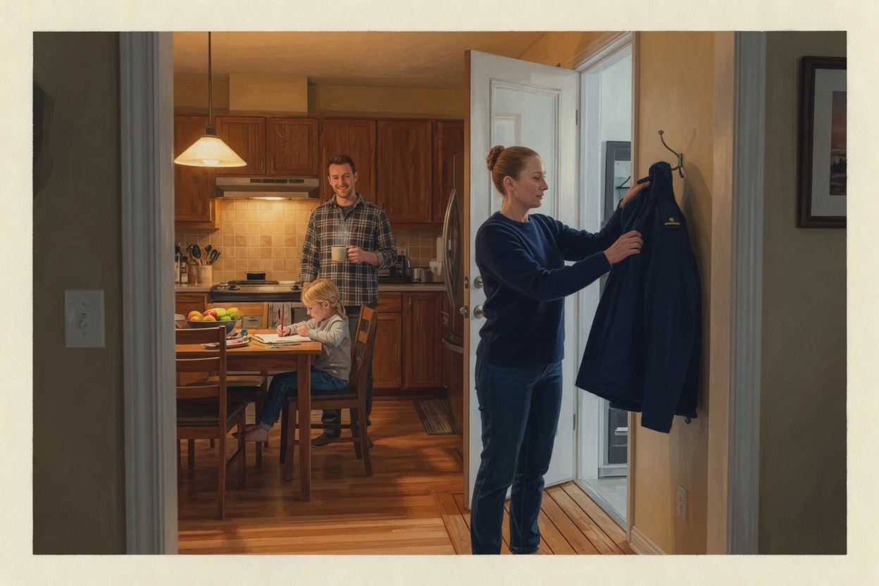 A paramedic hanging her jacket on a hook just inside the front door; a partner with a mug and a child at the kitchen table wait in warm light.