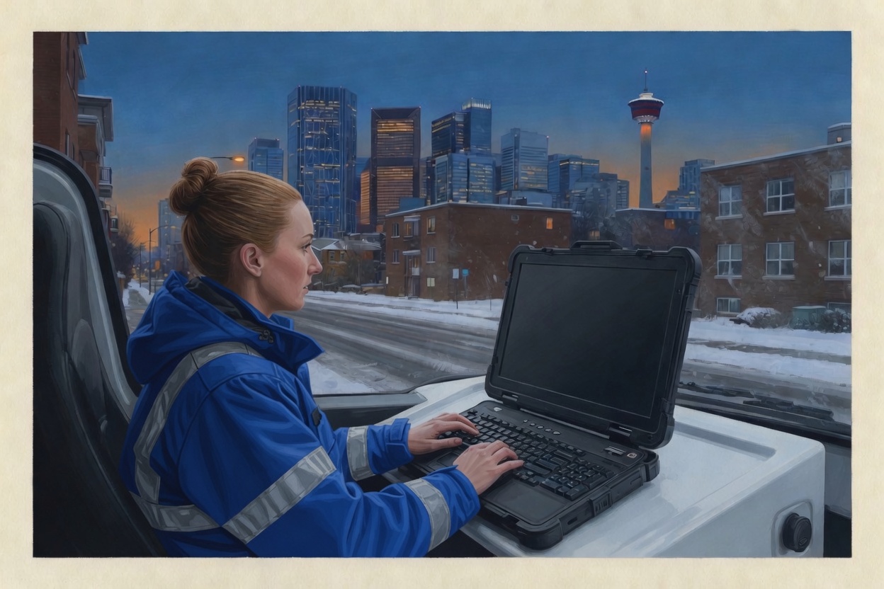 A paramedic in the ambulance cab using a mounted notebook computer, head up, looking through the windshield at the night street.