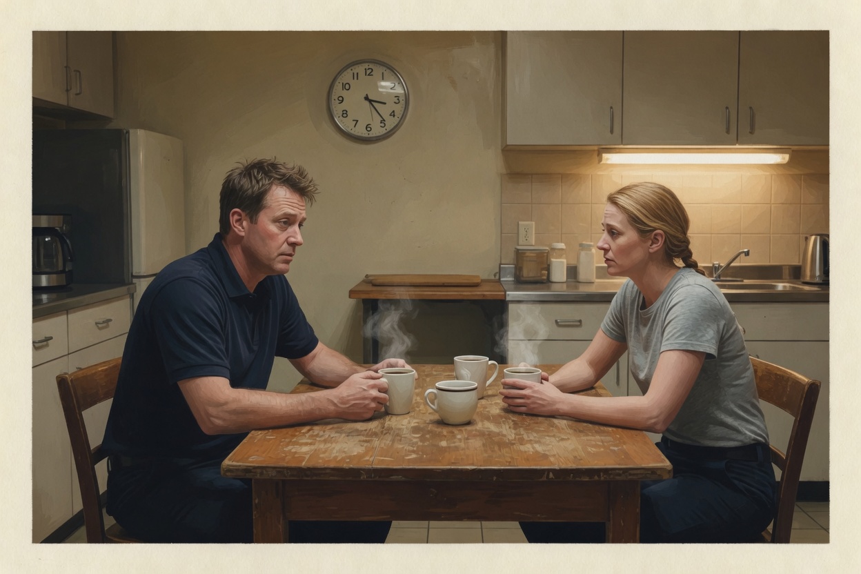 A police officer and a firefighter sitting across a station kitchen table with coffee after a hard call, talking quietly at 2:17 a.m.