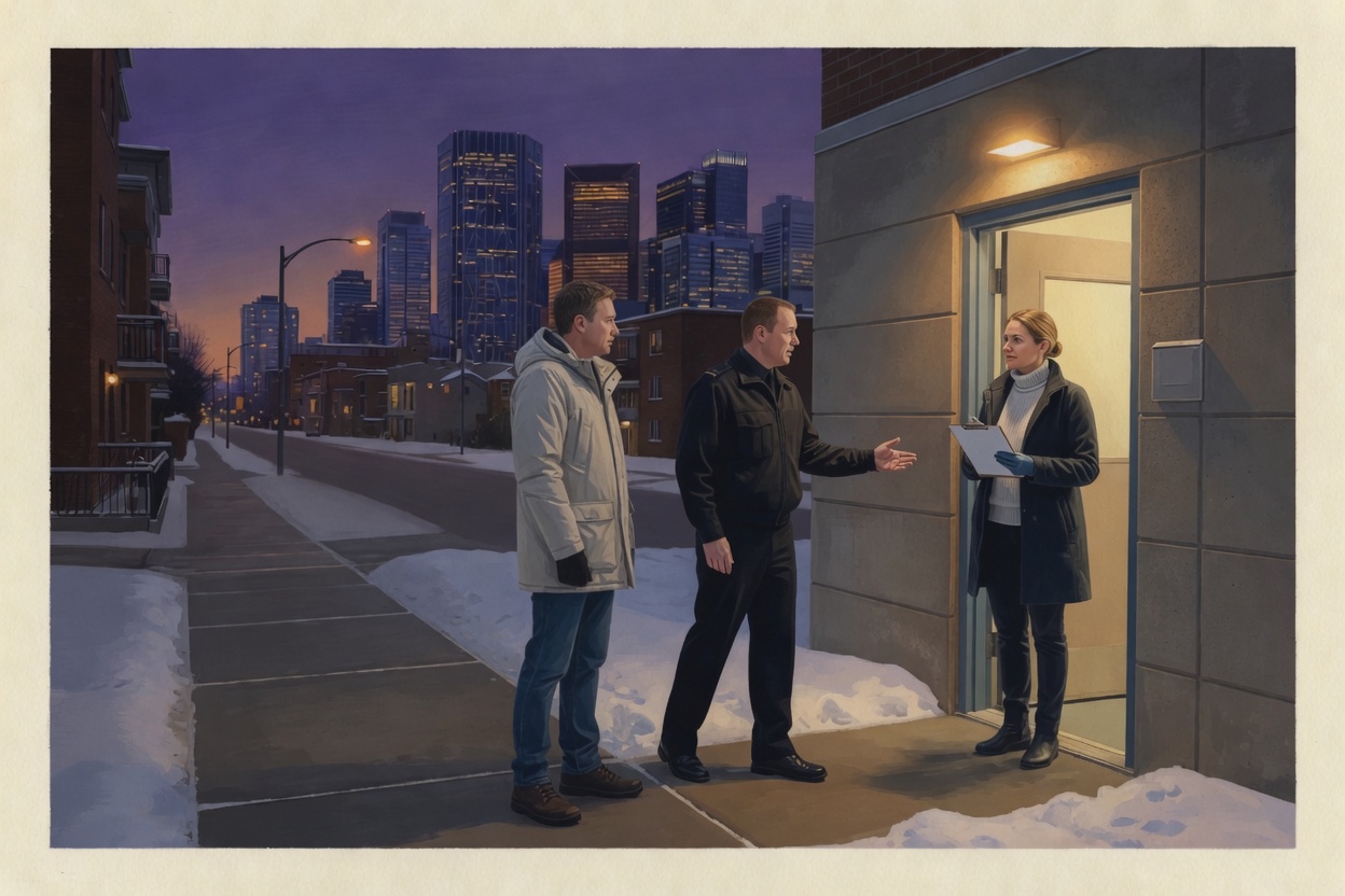 An officer walking a quiet civilian at night to a crisis-support worker waiting at a clinic doorway with a clipboard.