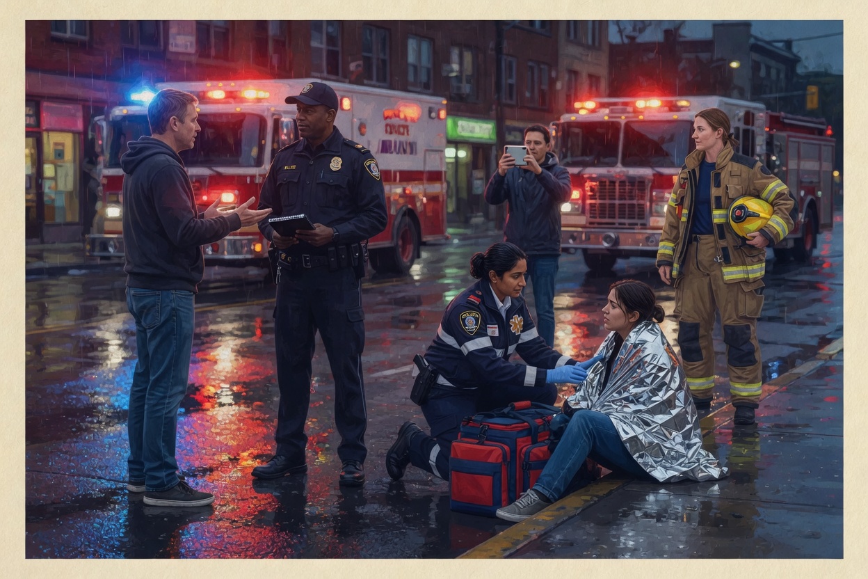 EMS crew treating a patient on a wet night street with fire and ambulance