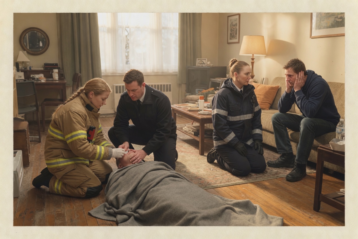 A firefighter kneeling beside a person during a home welfare call