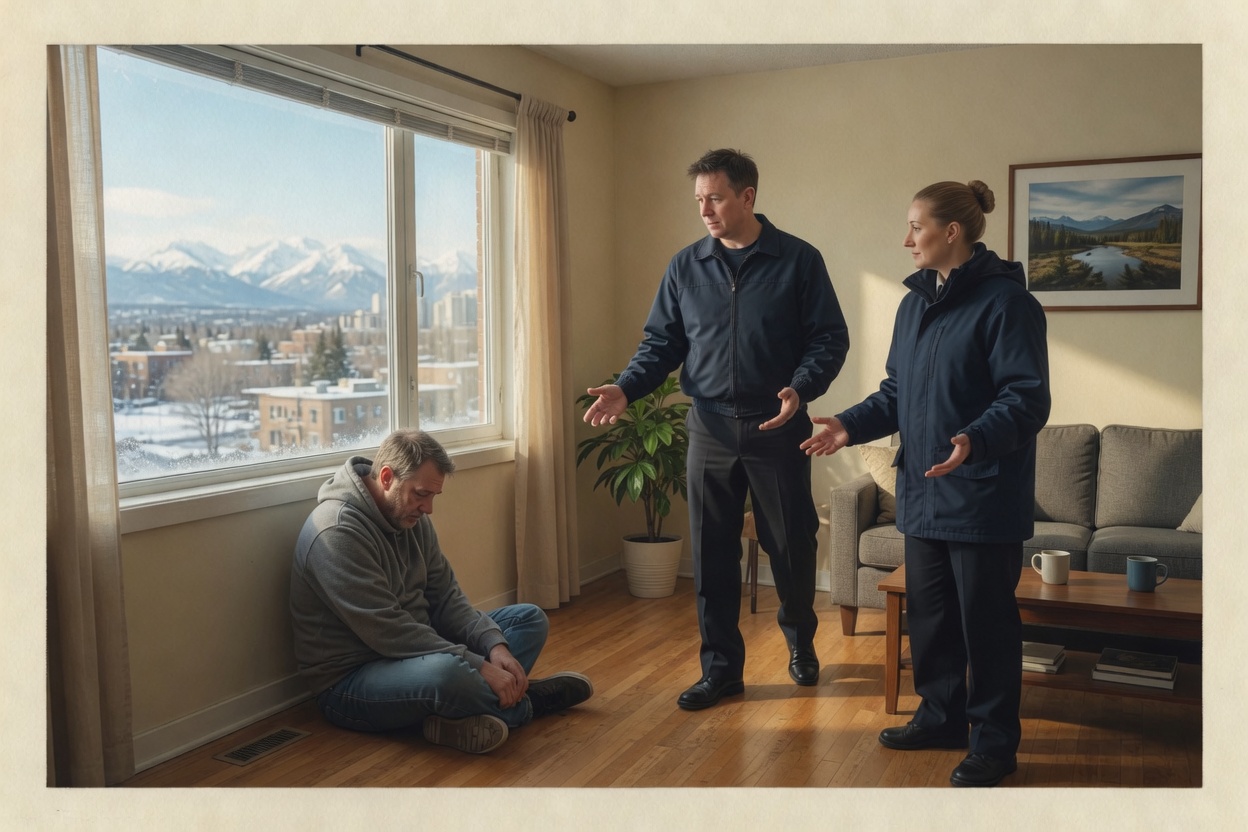Two people talking by a window with the Rocky Mountains beyond