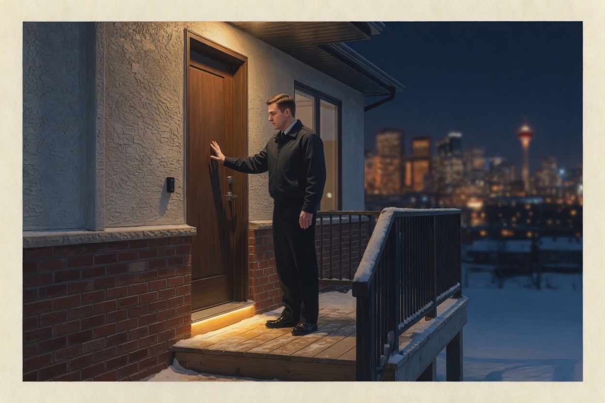 A responder at the door of a home at dusk