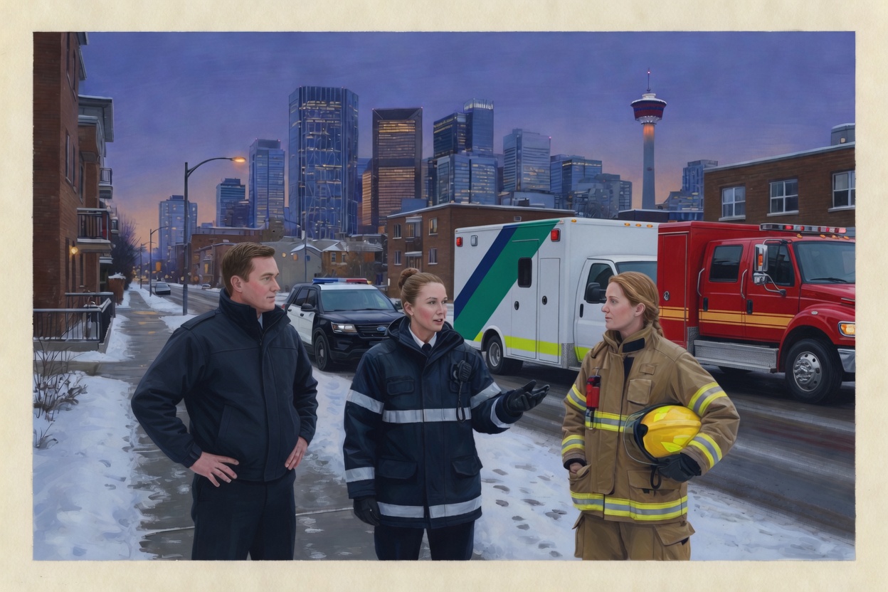 Police, fire and EMS crews on a snowy path below the Calgary skyline