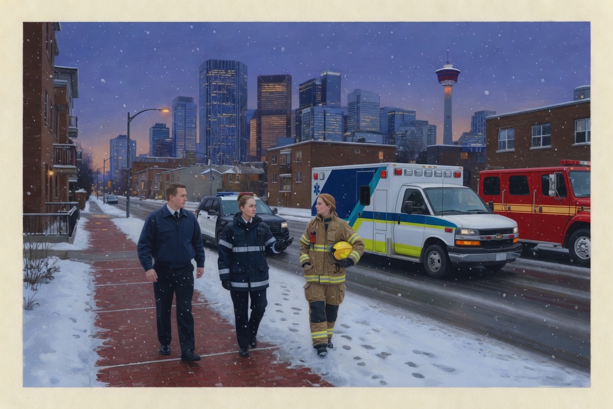 Calgary responders walking toward their vehicles on a snowy street