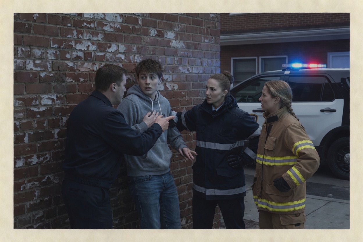 Responders and a civilian talking beside a police vehicle
