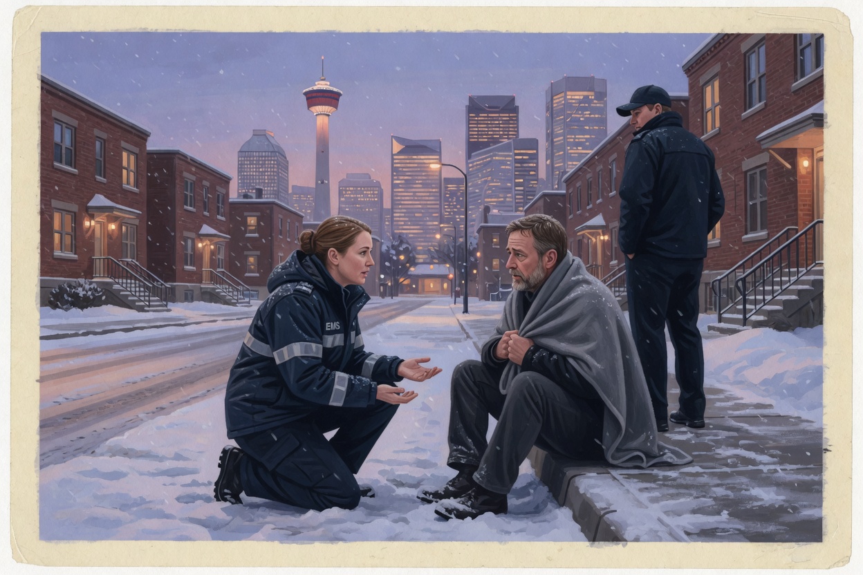 Responders tending to a person wrapped in a blanket on a snowy Calgary street