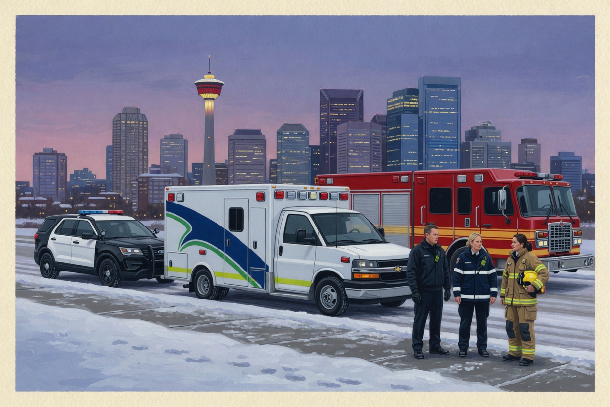 Calgary emergency vehicles and crews staged in the snow at dusk