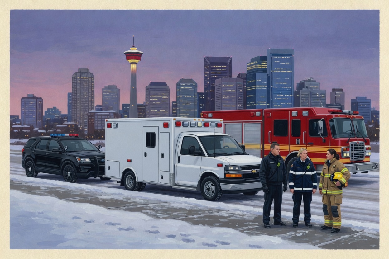Calgary skyline with police, fire and EMS crews and their vehicles at dusk
