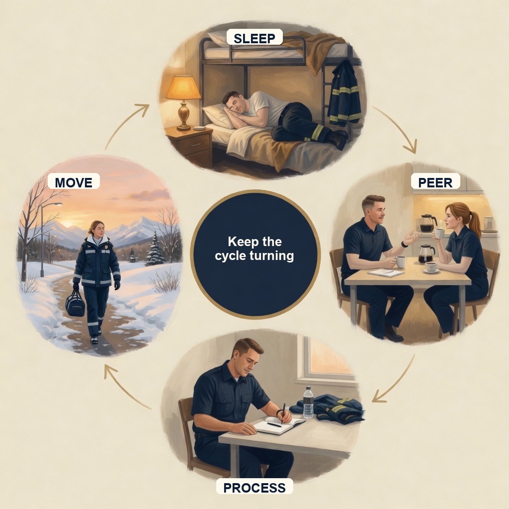 Responder wellness cycle diagram: Sleep, Peer, Process, and Move around a centre that says keep the cycle turning.