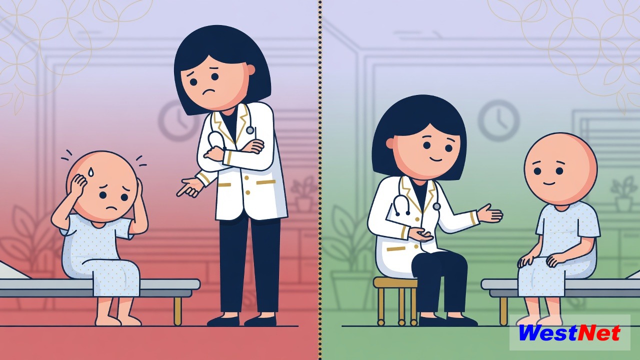 Clinical illustration comparing escalating stance versus de-escalating stance at eye level with the patient